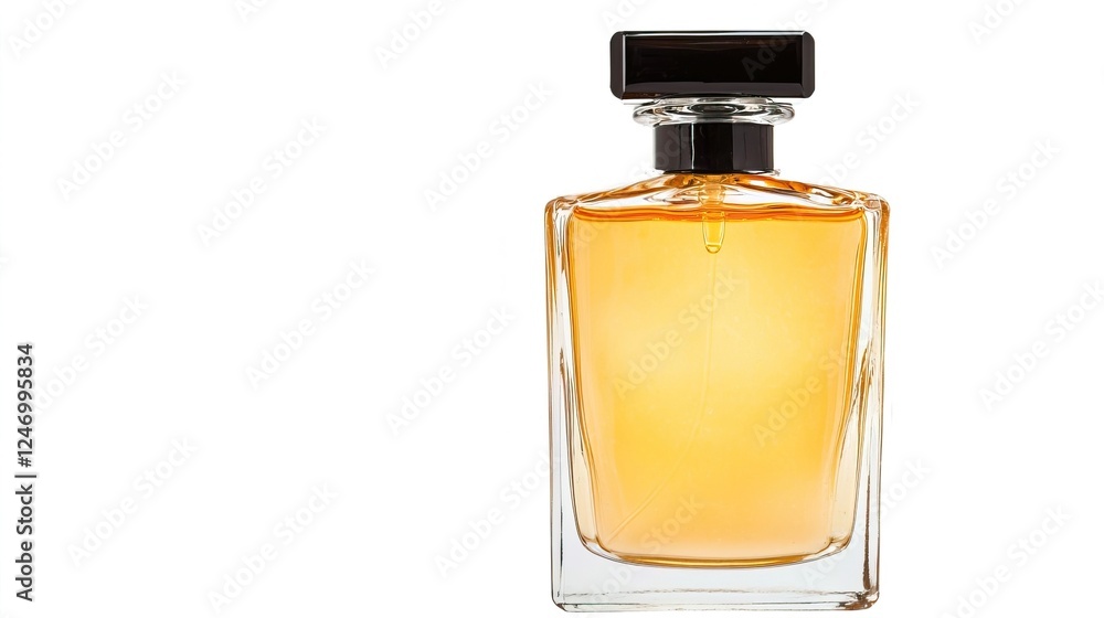 Elegant Yellow Perfume Bottle with Black Lid on White Background Elegant Yellow Perfume Bottle with Black Lid on White Background