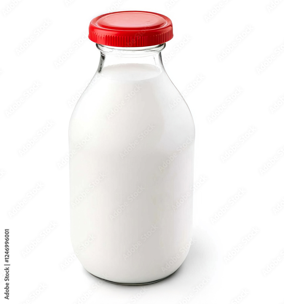 Isolated Unopened Bottle of Milk with Red Lid on White Background Isolated Unopened Bottle of Milk with Red Lid on White Background