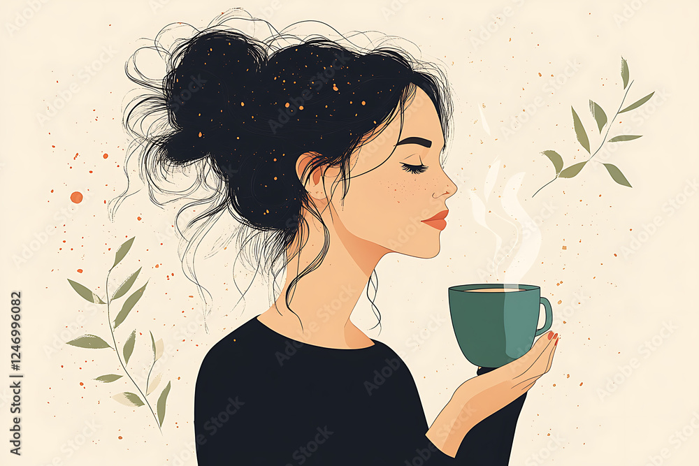 A stylish vector illustration of a woman enjoying takeaway coffee. A stylish vector illustration of a woman enjoying takeaway coffee.