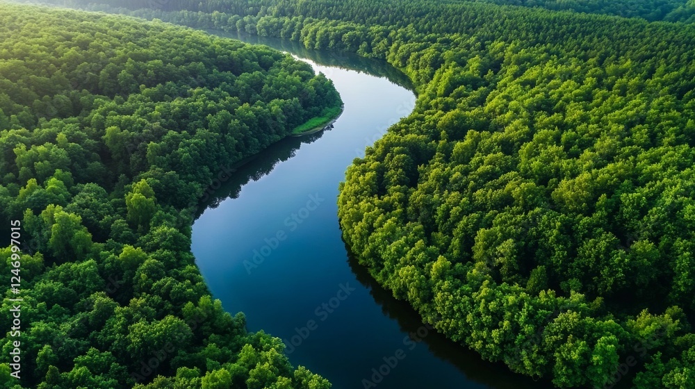 View of a calm river winding through dense green forest with reflections in the water View of a calm river winding through dense green forest with reflections in the water
