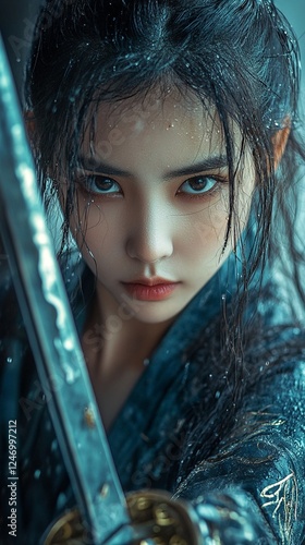 A close-up portrait of an Asian woman dressed as a samurai, holding a sword and looking directly at the camera with a serious expression.
