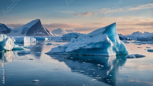 Wallpaper Mural A breathtaking frozen landscape with massive blue icebergs floating in an icy sea, reflecting the soft hues of an arctic sunrise Torontodigital.ca
