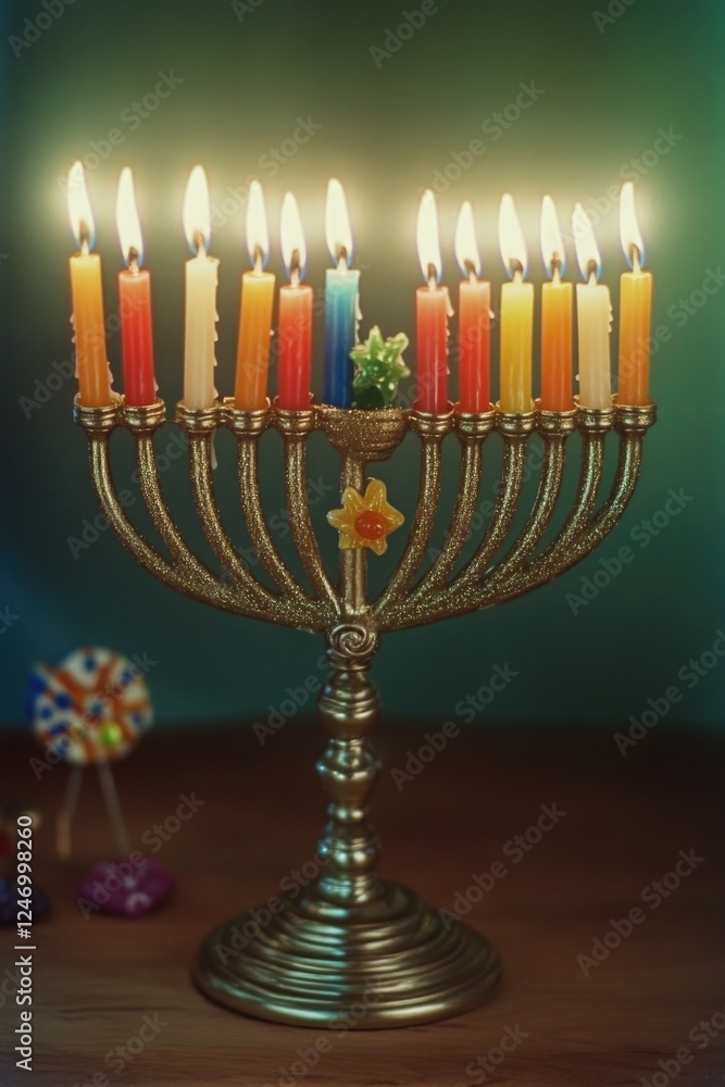 Fototapeta premium A golden candelabra, the traditional Hanukkah menorah, with many lit candles signifying the festival of lights.