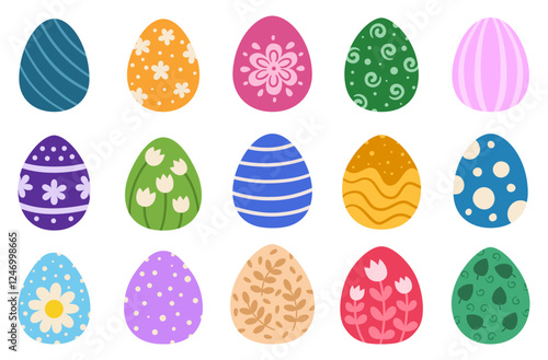 Easter painted eggs set. Cartoon collection of painted eggs with floral, polka dots, stripes and other patterns. Spring designs on eggs for Easter holiday decor and design.