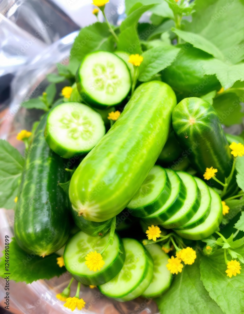 Vibrant green cucumbers with blossoms offer fresh and crisp appeal Vibrant green cucumbers with blossoms offer fresh and crisp appeal