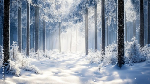 Winter forest under a blanket of snow, with sparkling, frost-covered tree branches