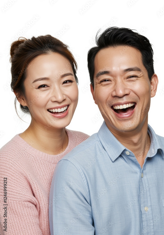 Smiling Asian couple laughing together on white, radiating warmth and happiness Smiling Asian couple laughing together on white, radiating warmth and happiness