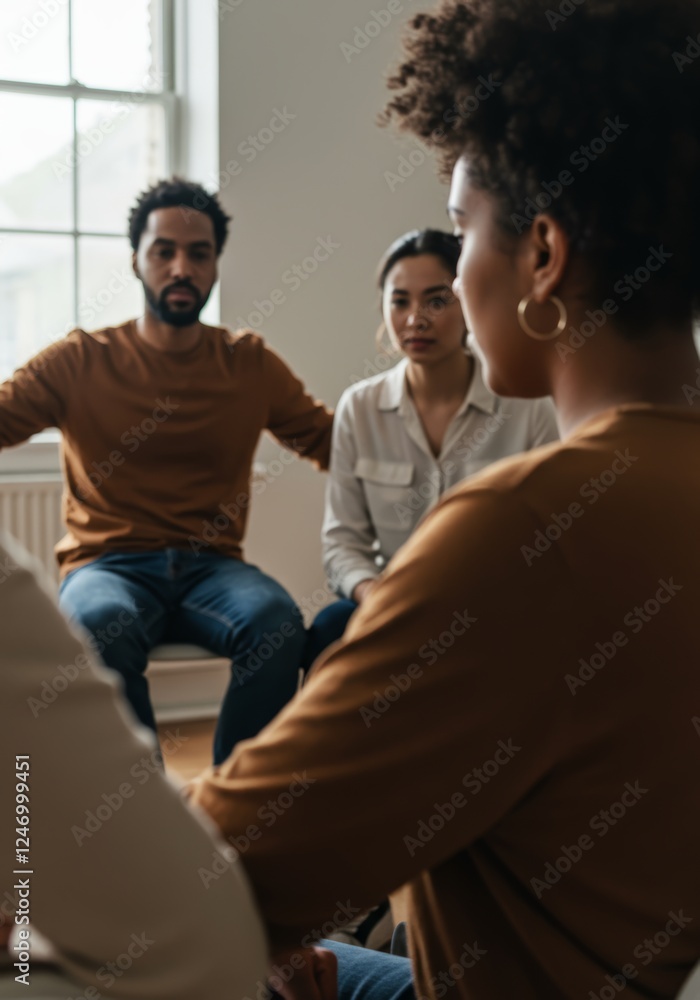 Diverse group of people in therapy session, focused on the conversation and connection Diverse group of people in therapy session, focused on the conversation and connection