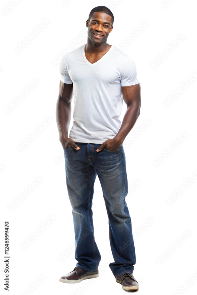 Confident man standing casually in fitted jeans and a t-shirt with a bright smile on a neutral background Confident man standing casually in fitted jeans and a t-shirt with a bright smile on a neutral background
