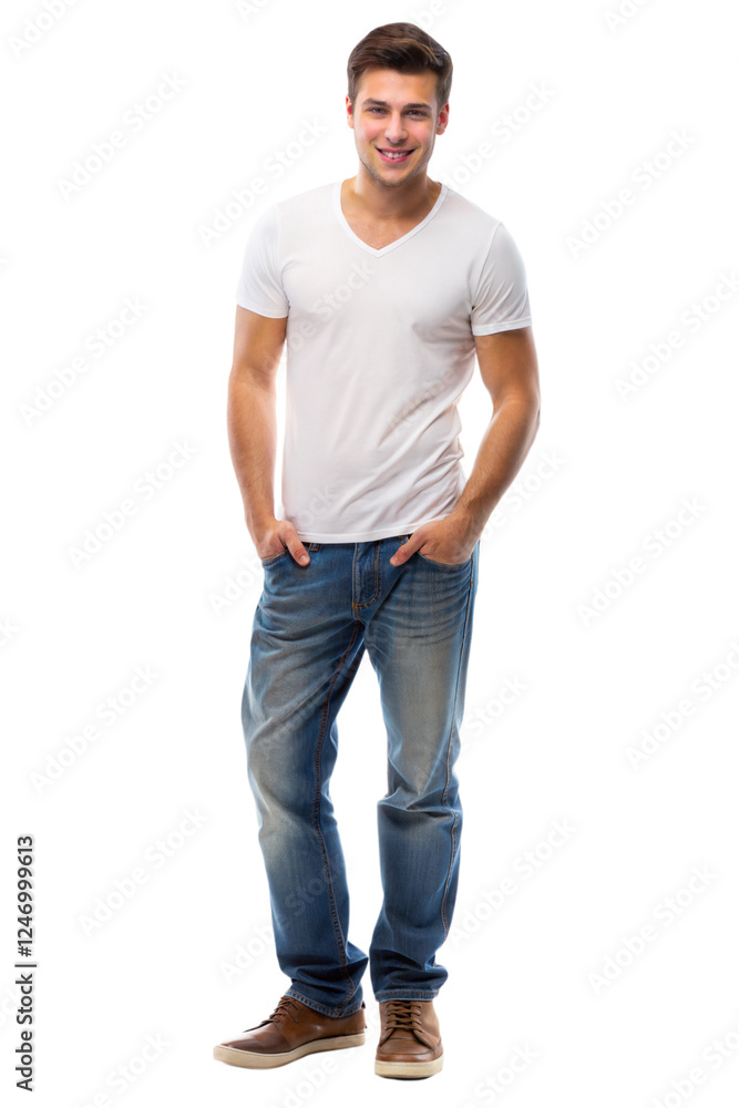 Young man in casual attire standing confidently against a white background Young man in casual attire standing confidently against a white background