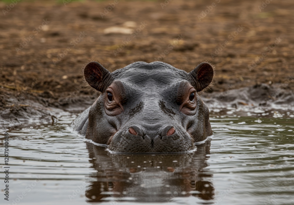 Portrait of a hippo in water, showing the animal's unique features and calm expression Portrait of a hippo in water, showing the animal's unique features and calm expression