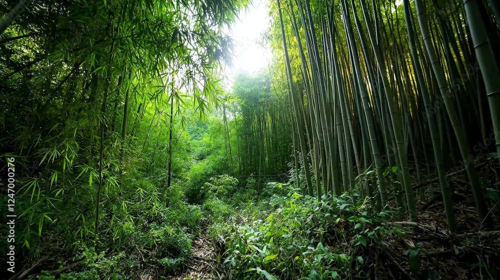 Fototapeta premium Golden sunlight illuminates dense bamboo forest nature scene tranquil environment serene viewpoint beautiful concept