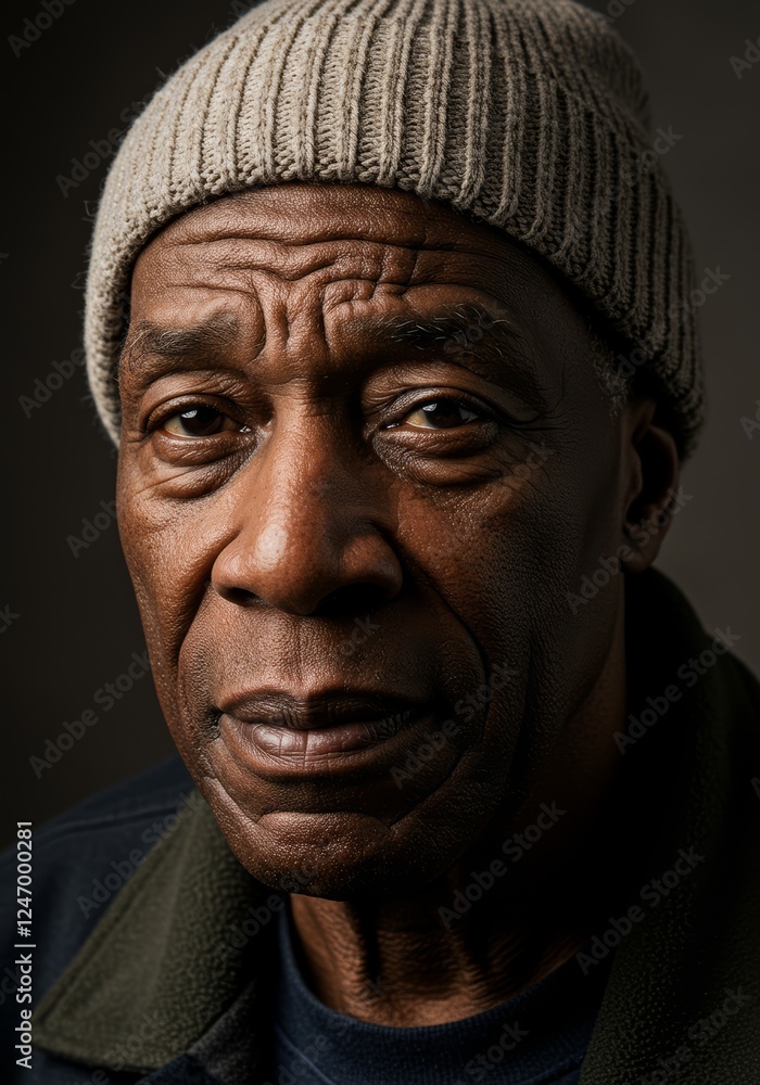 Portrait of an aging black man wearing a beanie hat looking directly at the camera Portrait of an aging black man wearing a beanie hat looking directly at the camera