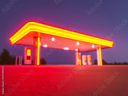 gas station illuminated with vibrant neon lights, creating lively atmosphere photo