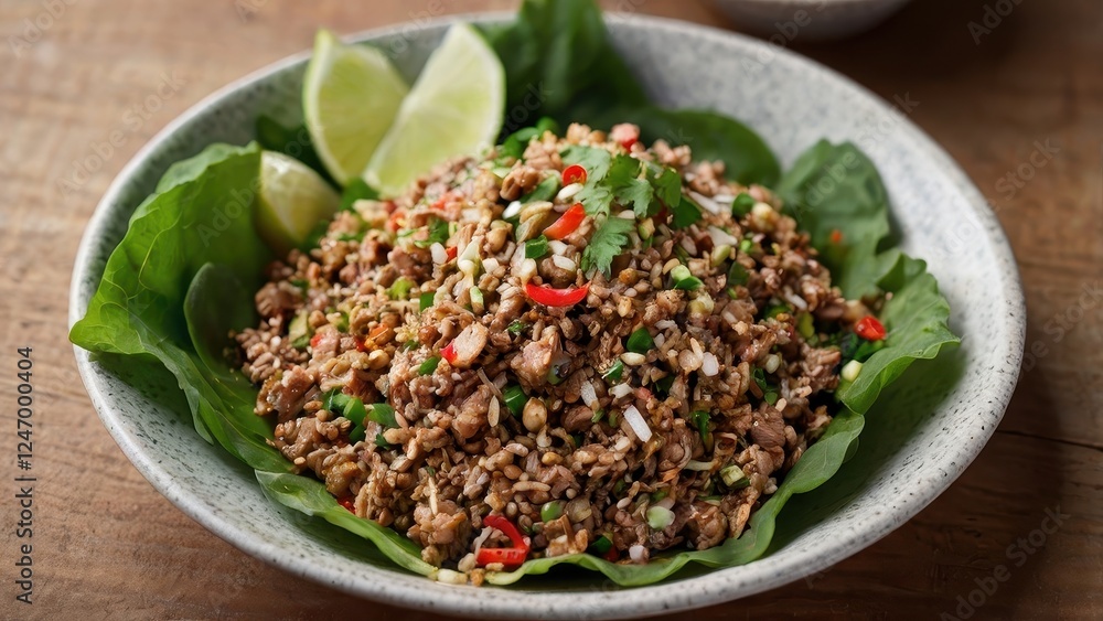A vibrant dish of minced meat mixed with herbs, spices, and topped with lime, served on a bed of fresh lettuce leaves. A vibrant dish of minced meat mixed with herbs, spices, and topped with lime, served on a bed of fresh lettuce leaves.