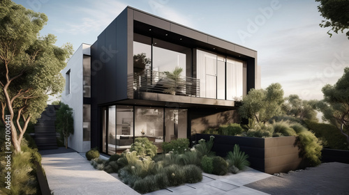 Contemporary urban home with sharp architectural lines, black and white contrast siding, and a rooftop terrace. 