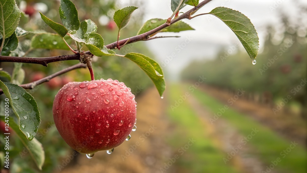 Ripe apple on branch. Close-up of a ripe red apple covered in water droplets, hanging on a branch with leaves, with a blurred orchard background.
Ripe apple on branch. Close-up of a ripe red apple covered in water droplets, hanging on a branch with leaves, with a blurred orchard background.
