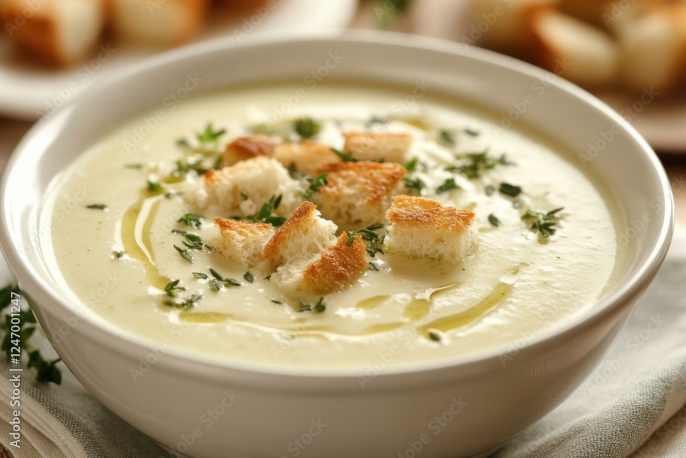 Creamy soup served in a white bowl, garnished with golden croutons, fresh herbs, and a drizzle of olive oil, creating a warm and comforting dish Creamy soup served in a white bowl, garnished with golden croutons, fresh herbs, and a drizzle of olive oil, creating a warm and comforting dish