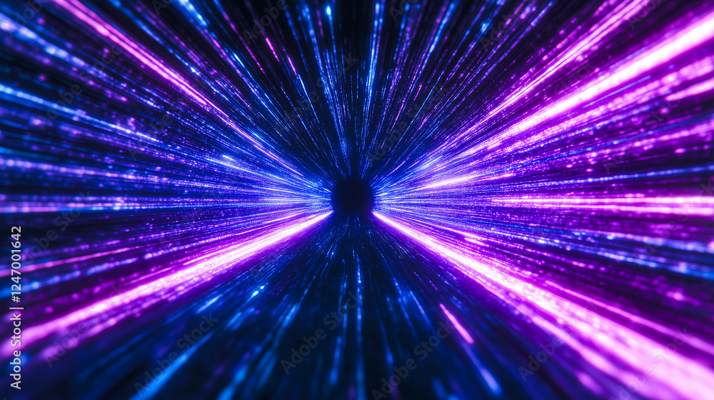 Naklejka premium Futuristic abstract background with glowing purple and blue light streaks converging into black hole, representing warp speed or digital technology