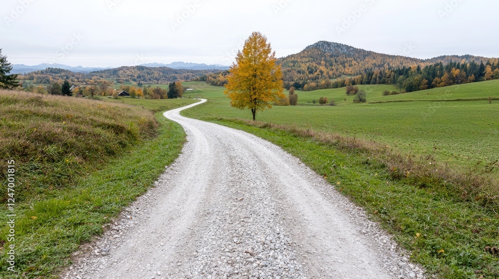 Naklejka premium Winding gravel road, autumn countryside, hills, tree