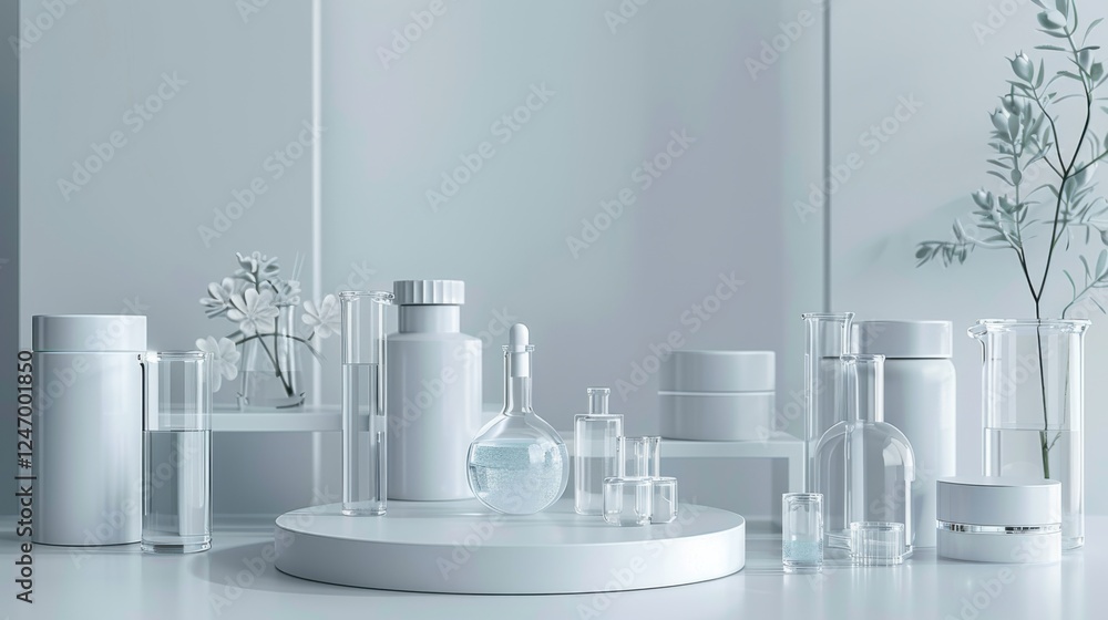 Cosmetic podium display featuring glass flask and cylinder equipment in a modern medical science lab background. 3D rendered, professional and clean Cosmetic podium display featuring glass flask and cylinder equipment in a modern medical science lab background. 3D rendered, professional and clean