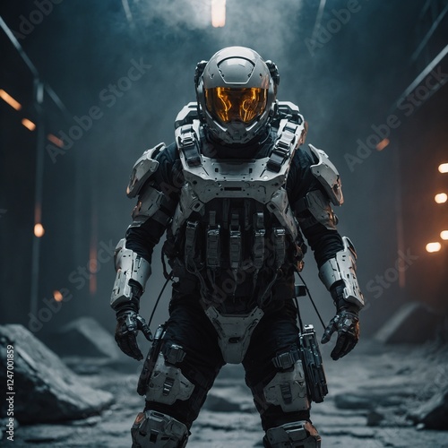 A futuristic soldier with a plasma-powered exosuit.