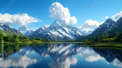 Majestic Snow Capped Mountain Peak Reflected in Serene Blue