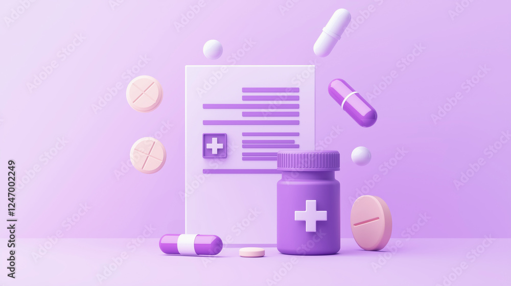 Modern illustration of medical prescription with floating pills and purple medicine bottle, symbolizing healthcare and pharmaceuticals Modern illustration of medical prescription with floating pills and purple medicine bottle, symbolizing healthcare and pharmaceuticals