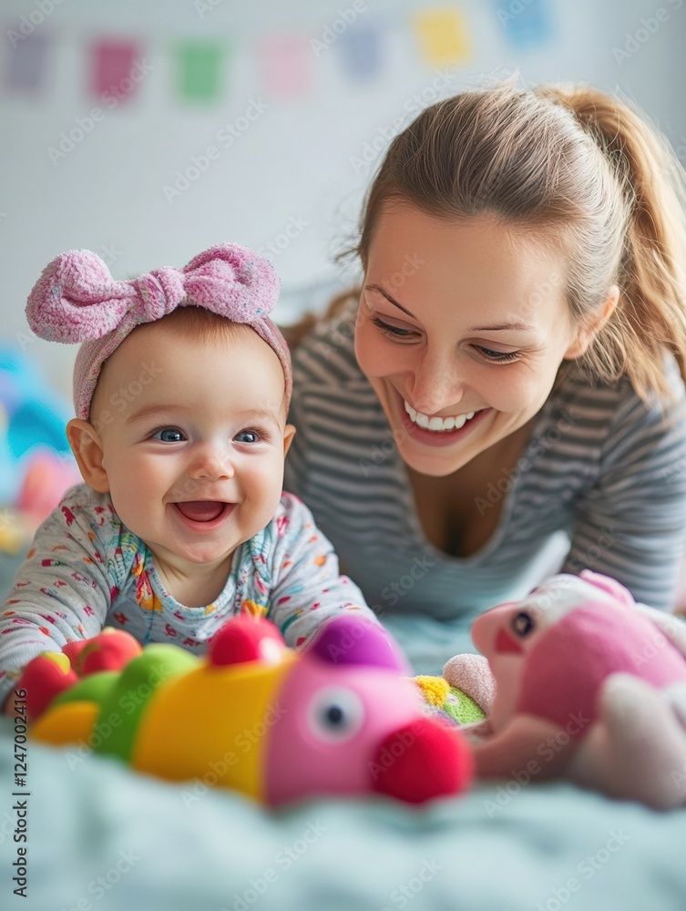 Happy Baby Playing with Pink Stuffed Toy Happy Baby Playing with Pink Stuffed Toy