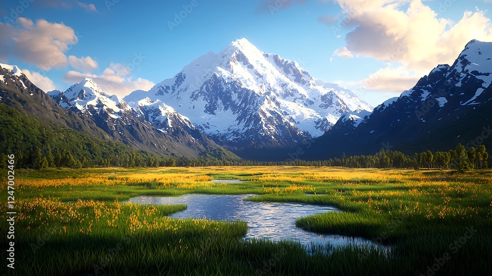 Fototapeta premium Majestic Snowcapped Mountain and Yellow Flower Valley