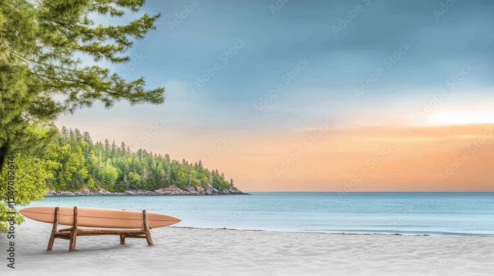Tranquil Beach Scene with Surfboard and Lush Trees - A serene beach landscape featuring a surfboard on white sand, surrounded by lush trees and a calming seascape at sunset. Tranquil Beach Scene with Surfboard and Lush Trees - A serene beach landscape featuring a surfboard on white sand, surrounded by lush trees and a calming seascape at sunset.