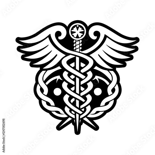 A filled style icon of caduceus hermes symbol