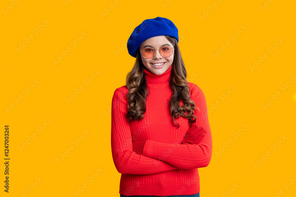 Trendy and stylish teenager girl smiling. Fall style teen. Trendy portrait of fall style. Girl in autumn jumper isolated yellow. Teen girl wear sunglasses. Autumn fashion girl. Effortless elegance Trendy and stylish teenager girl smiling. Fall style teen. Trendy portrait of fall style. Girl in autumn jumper isolated yellow. Teen girl wear sunglasses. Autumn fashion girl. Effortless elegance
