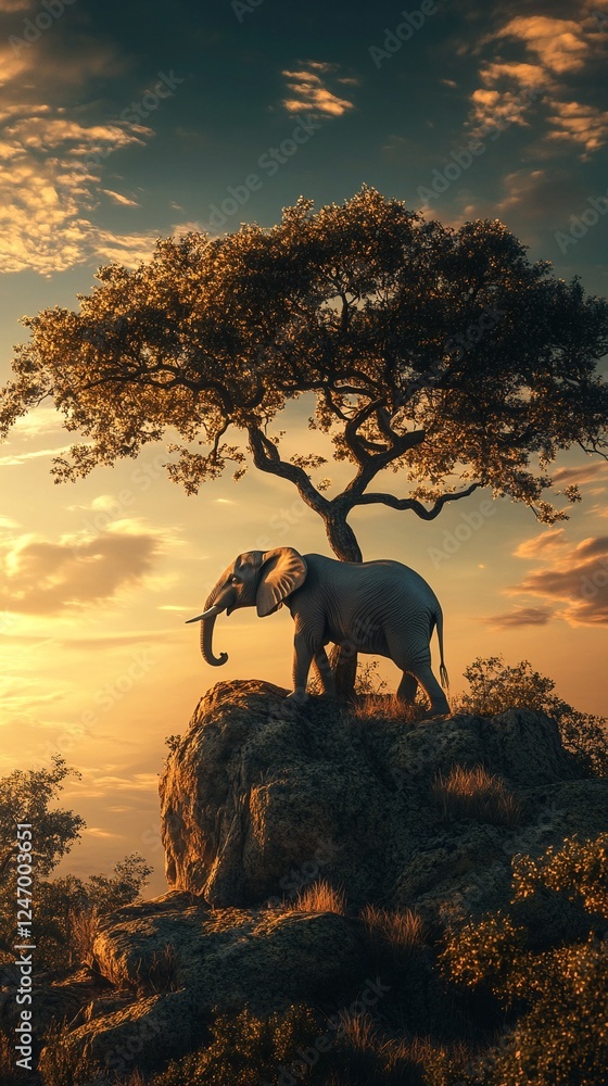 Fototapeta premium An elephant stands on top of a hill at sunset.