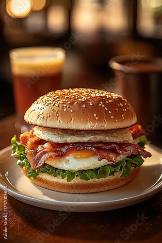 Wallpaper Mural Delicious breakfast sandwich with bacon egg and lettuce on a sesame bun in a warm setting Torontodigital.ca