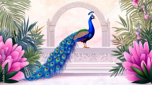 Elegant Peacock in a Mughal Garden with Lush Flora - A vibrant illustration depicting a majestic peacock amid pink flowers and lush greenery, framed by the ornate Mughal architecture photo