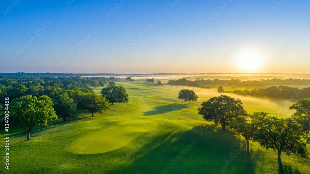 Obraz premium Beautiful Sunrise Over Green Golf Course - A stunning view of a golf course at sunrise, surrounded by lush green grass and tranquil trees, creating a peaceful landscape.