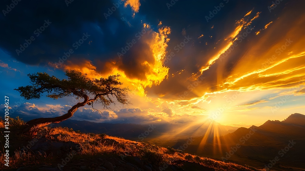 Majestic Sunset Over Mountains Solitary Tree Silhouette Majestic Sunset Over Mountains Solitary Tree Silhouette