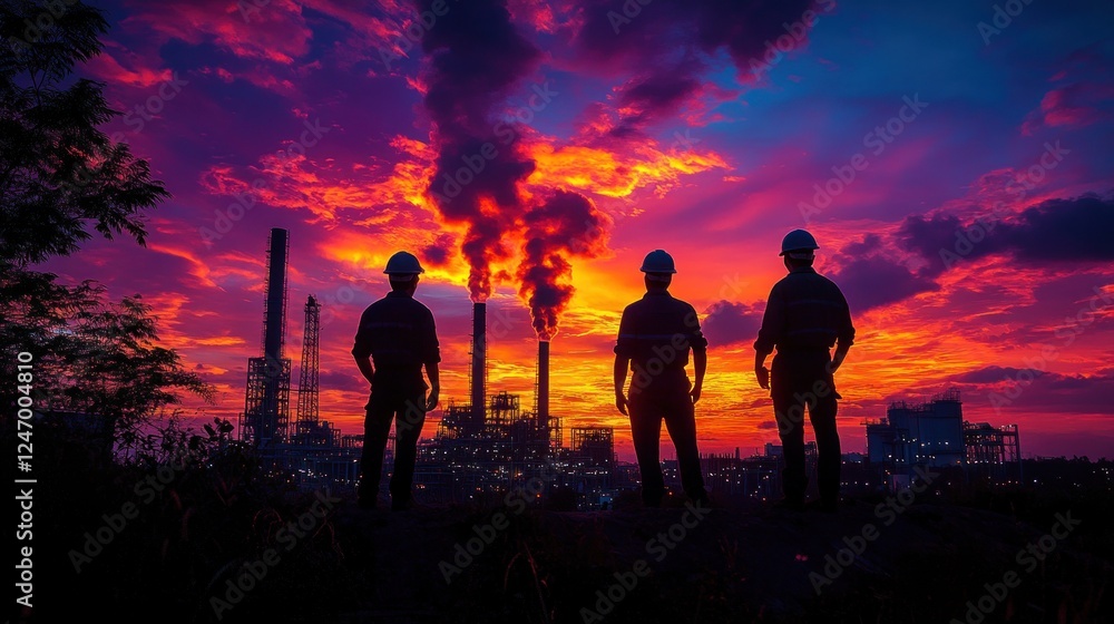 Fototapeta premium Refinery workers sunset silhouette, pollution
