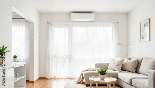 Modern air conditioner cooling serene living room interior, comfort concept
