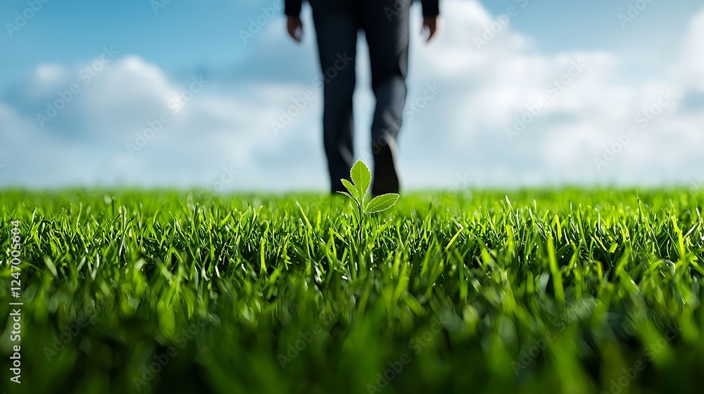 Man Walking Away on Green Grass Field Man Walking Away on Green Grass Field