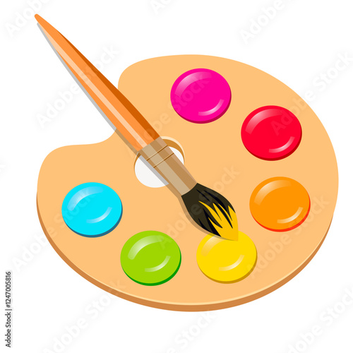 paints on a palette and a brush without a background