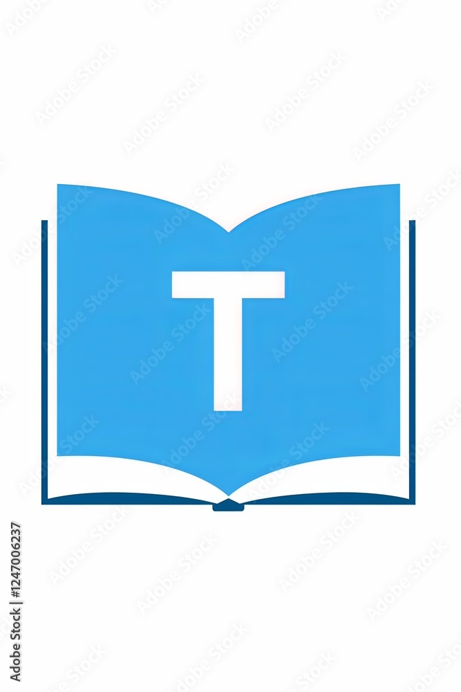 Fototapeta premium blue rectangular icon with the letter 'T' in white, placed on top of an open book