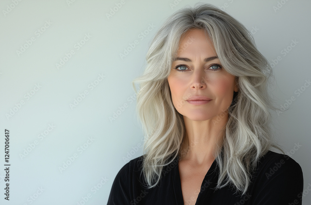 Naklejka premium A beautiful, attractive, and graceful mature woman around 50 years old with white hair gently touches her face in front of a light grey background. This elegant image is perfect for a beauty 