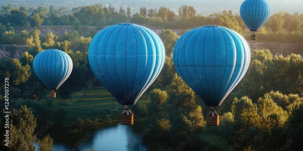 Fototapeta premium Six beautiful blue hot air balloons flying over a serene landscape, with a river and lush green trees. An ideal setting for a vacation or outdoor adventure.