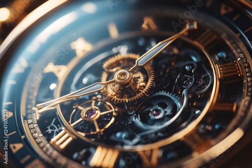 Close up of intricate golden watch mechanism measuring time photo