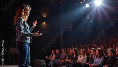A motivational female speaker stands on a stage in front of an engaged audience, delivering an inspiring message.