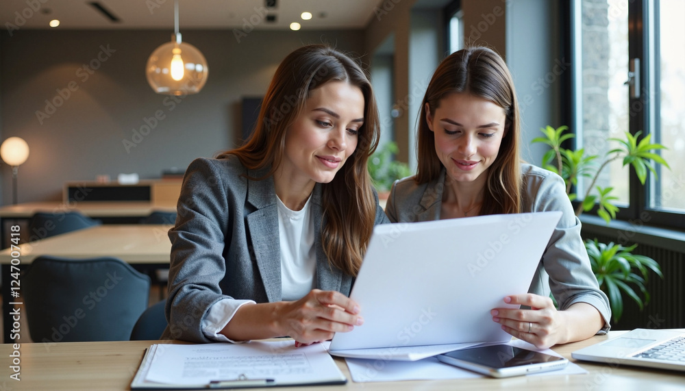 Two professional women reviewing documents in a business setting, symbolizing female collaboration and career success. Two professional women reviewing documents in a business setting, symbolizing female collaboration and career success.