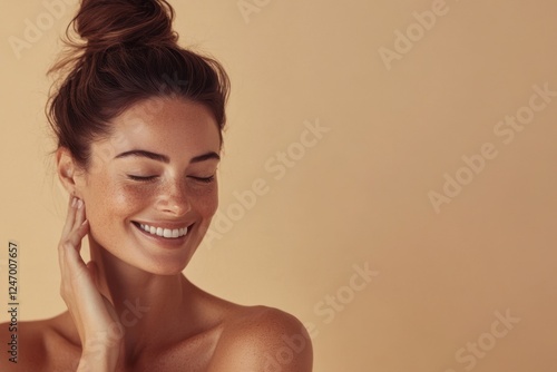 Smiling woman showcasing natural beauty with freckles on a beige background. Generated AI