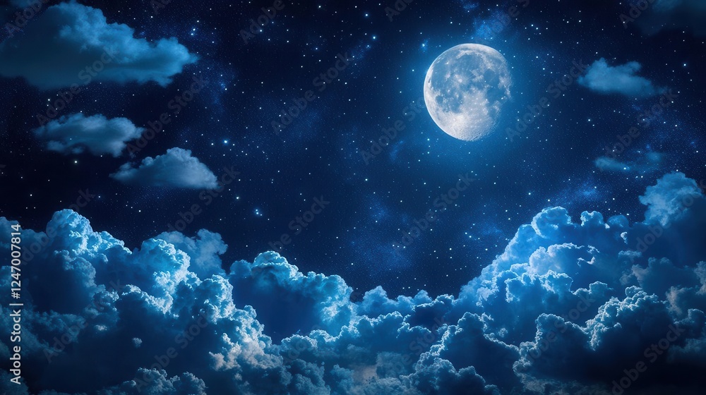 Majestic Night Sky with Fluffy Volumetric Clouds and Starry Background Majestic Night Sky with Fluffy Volumetric Clouds and Starry Background